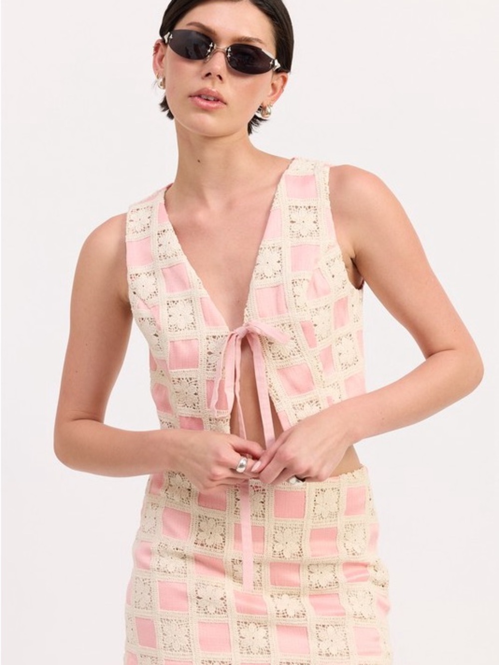 Tie-Front Crochet Vest in Light Pink and Cream